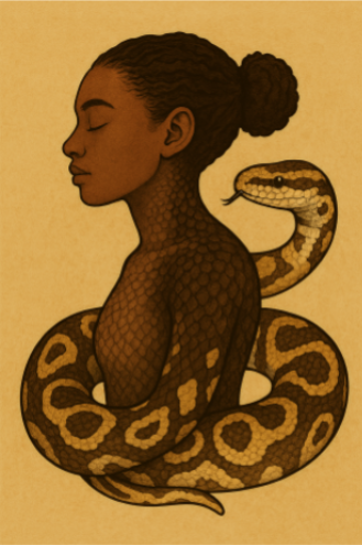 An African American woman slowly transforming into a baby python.