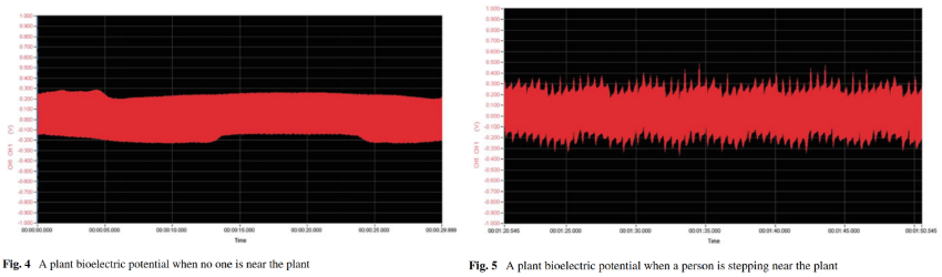 Two graphs. The left graph shows a thick, smooth red line across the x axis. The right graph shows a thick, spiky red line across the x axis. 